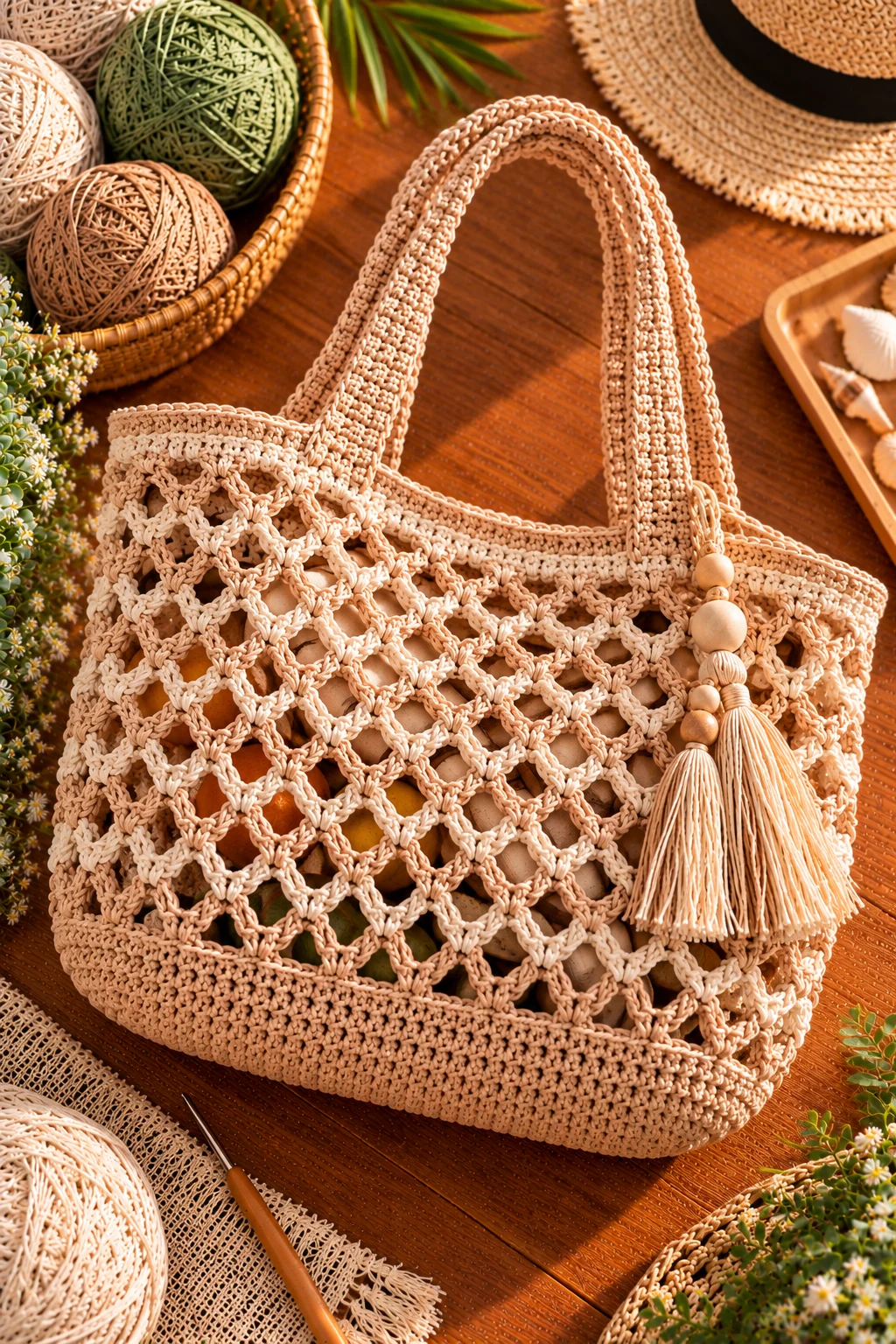 Open-Mesh Crochet Basket Bag — crochet basket bag style outfit
