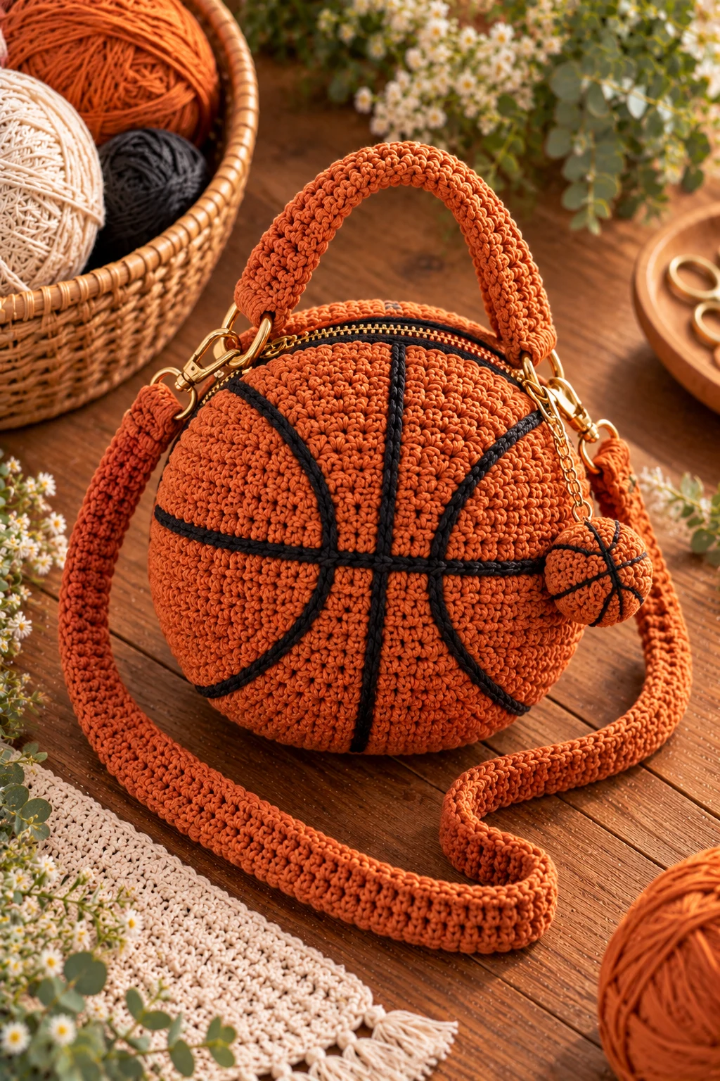 Basketball-Inspired Mini Bag — crochet basket bag style outfit