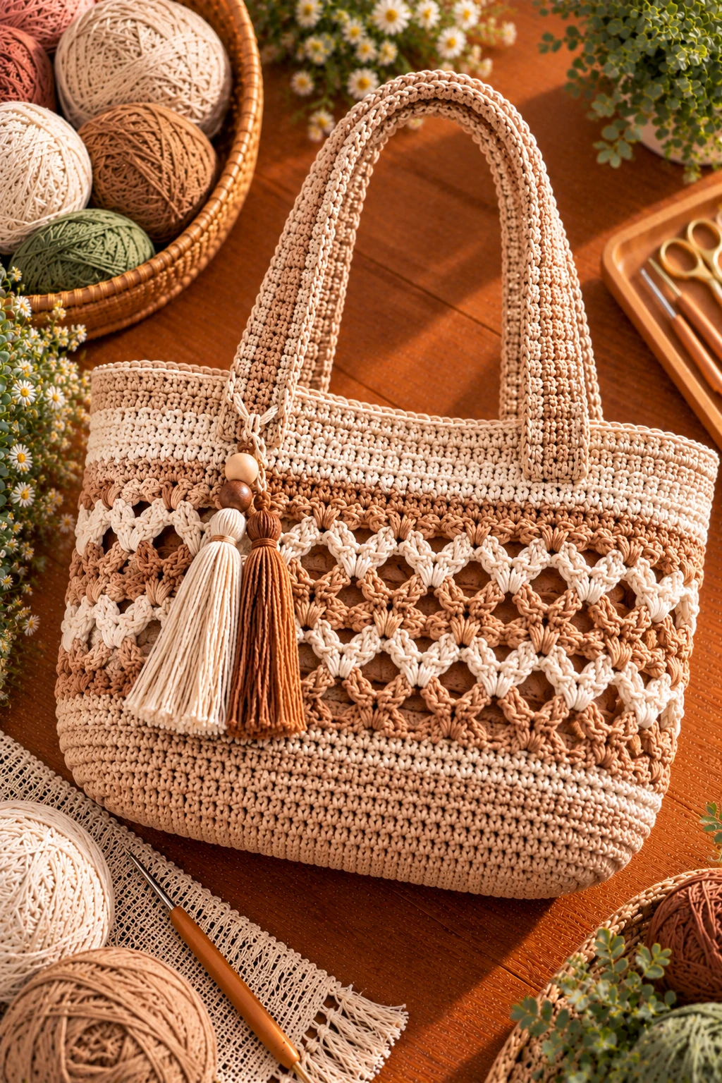 Free-Pattern-Friendly Classic Basket Tote — crochet basket bag style outfit