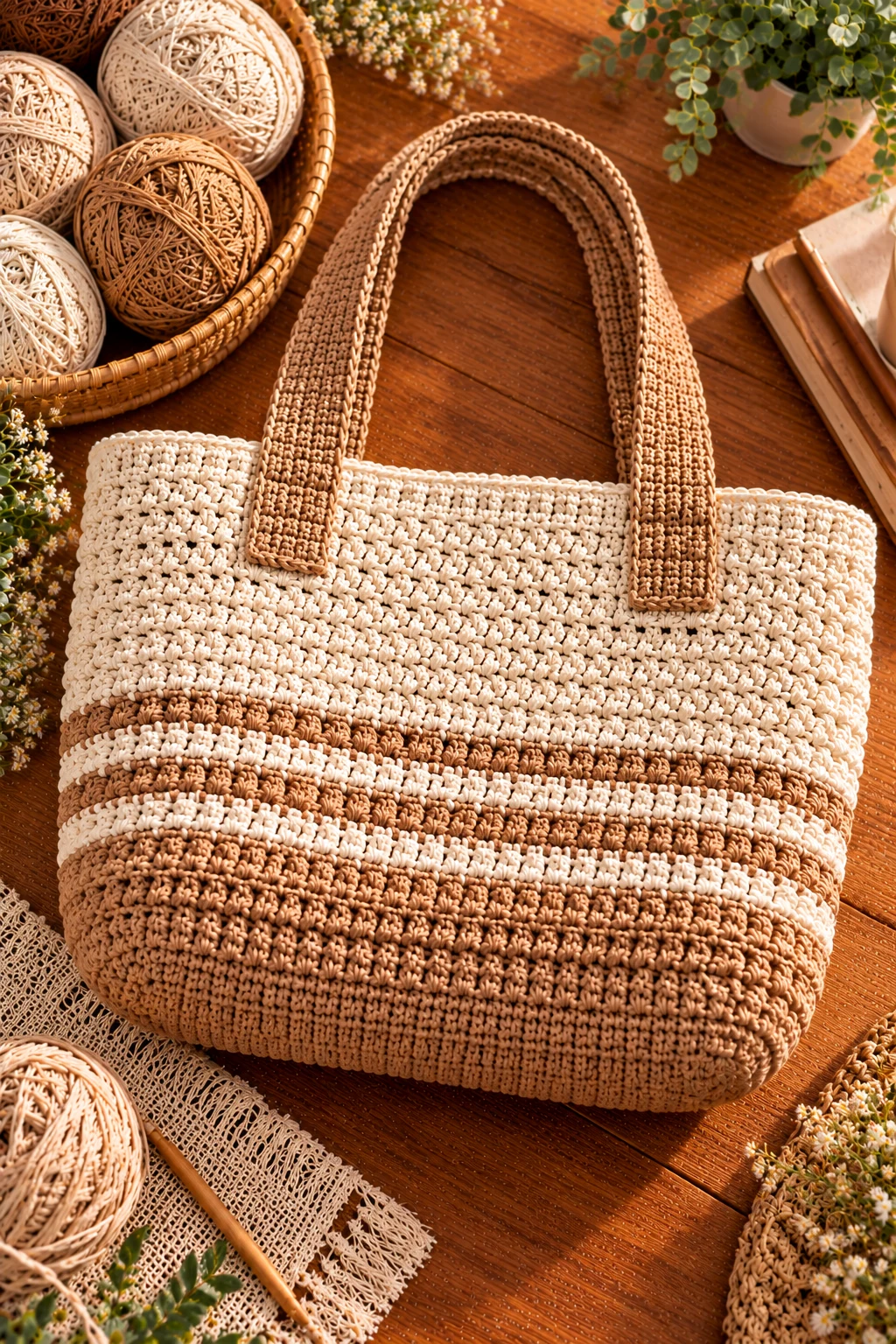 Cream and Tan Everyday Tote — crochet basket bag style outfit