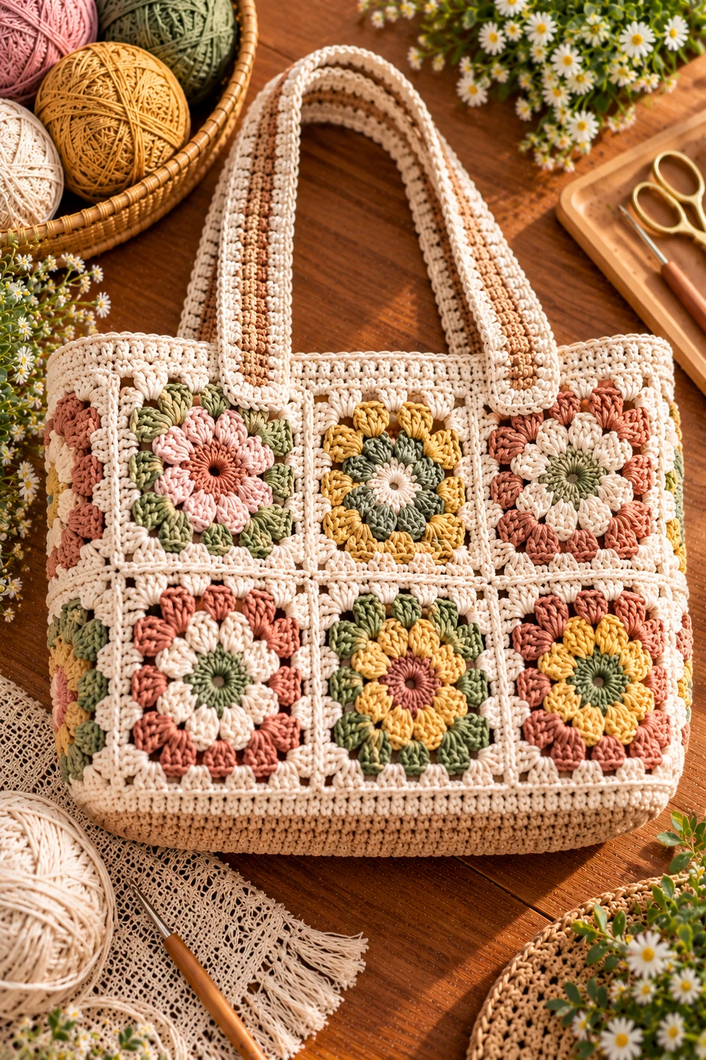 Granny Square Basket Tote — crochet basket bag style outfit
