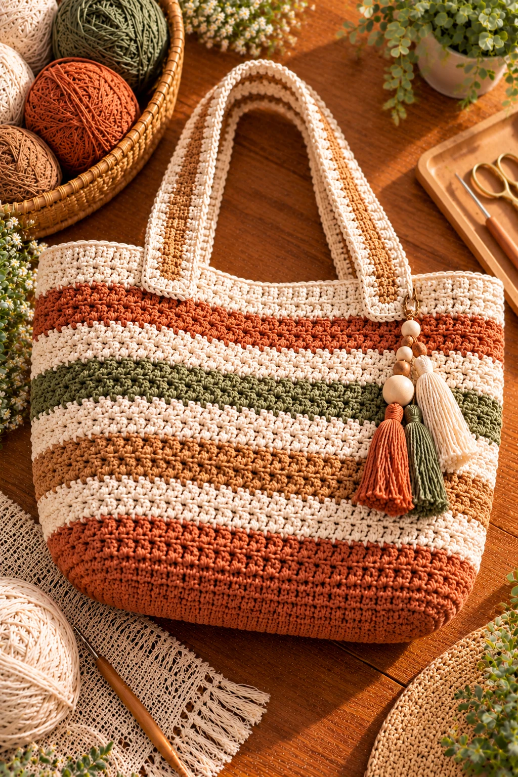 Striped Market Basket Bag — crochet basket bag style outfit