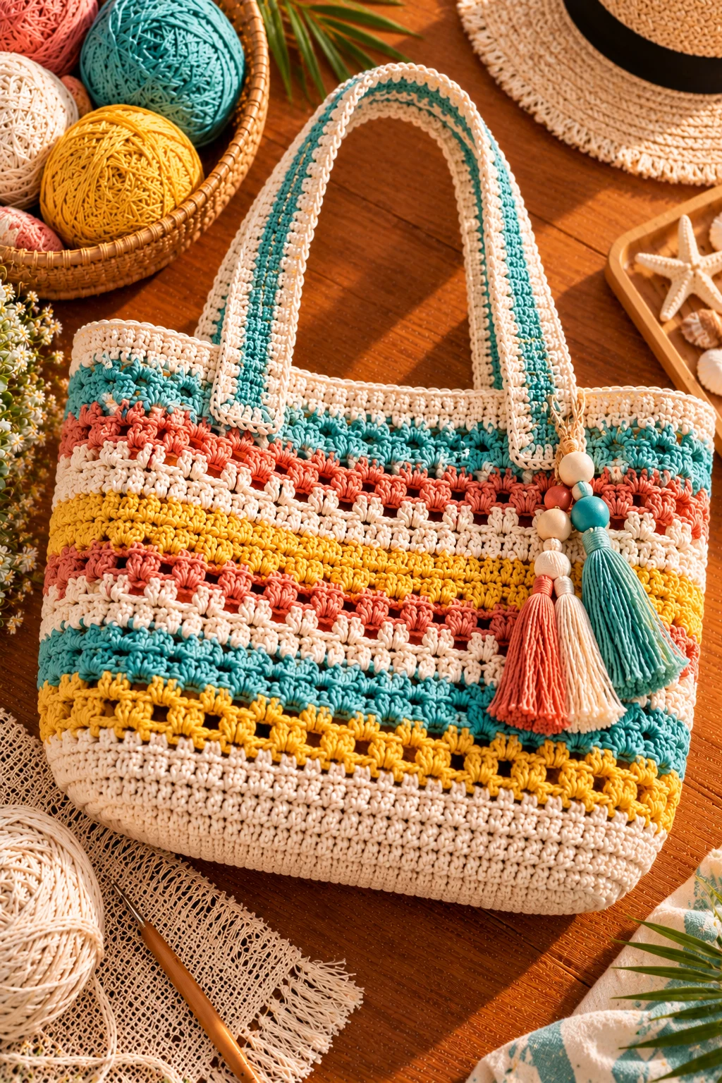Colorful Summer Beach Bag — crochet basket bag style outfit