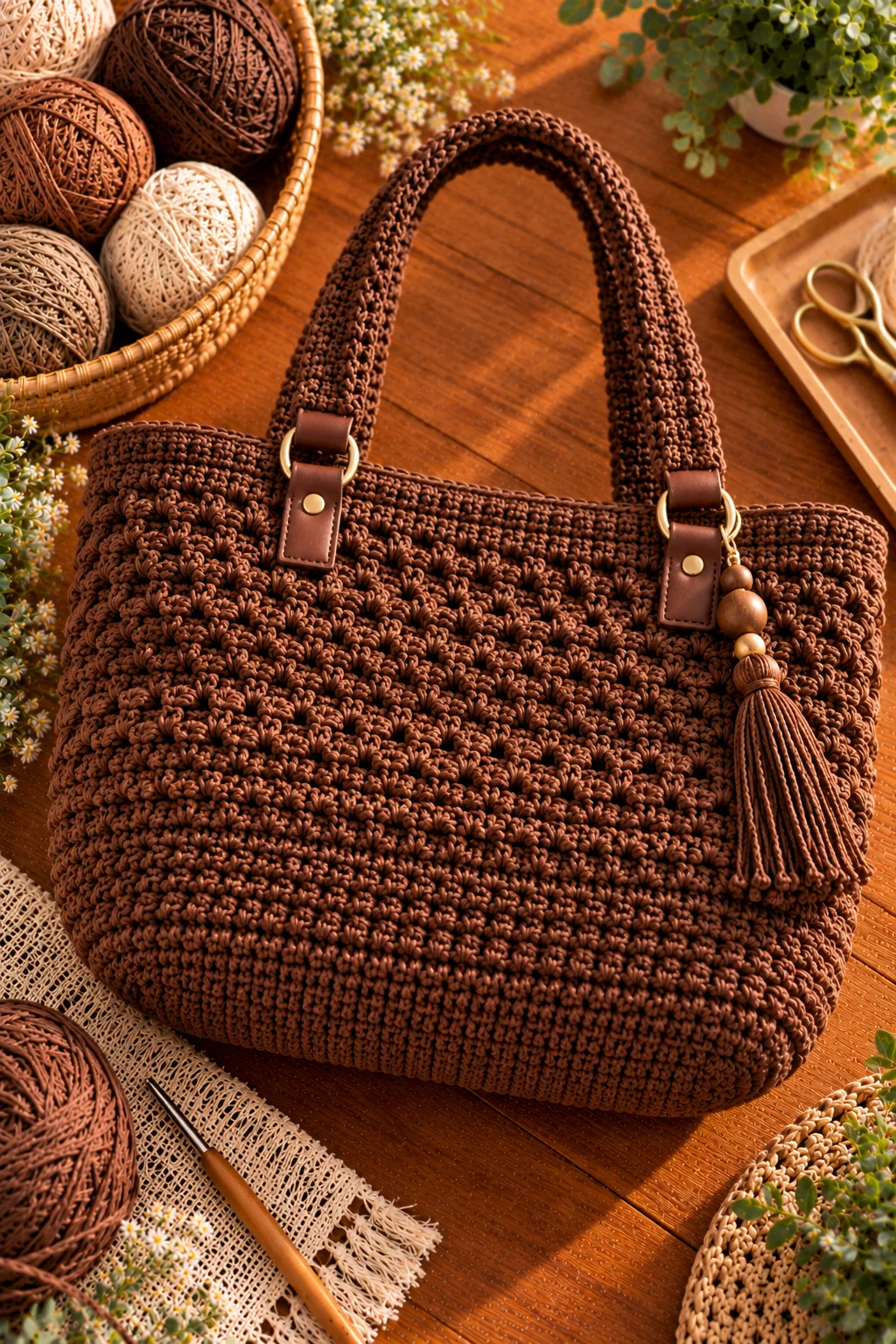 Chocolate Brown Statement Bag — crochet basket bag style outfit