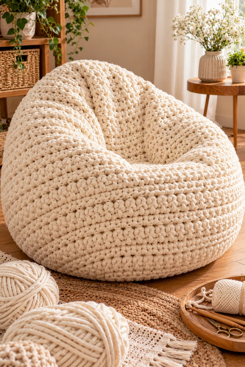 Chunky Cream Crochet Bean Bag Chair — crochet bean bag chair style outfit