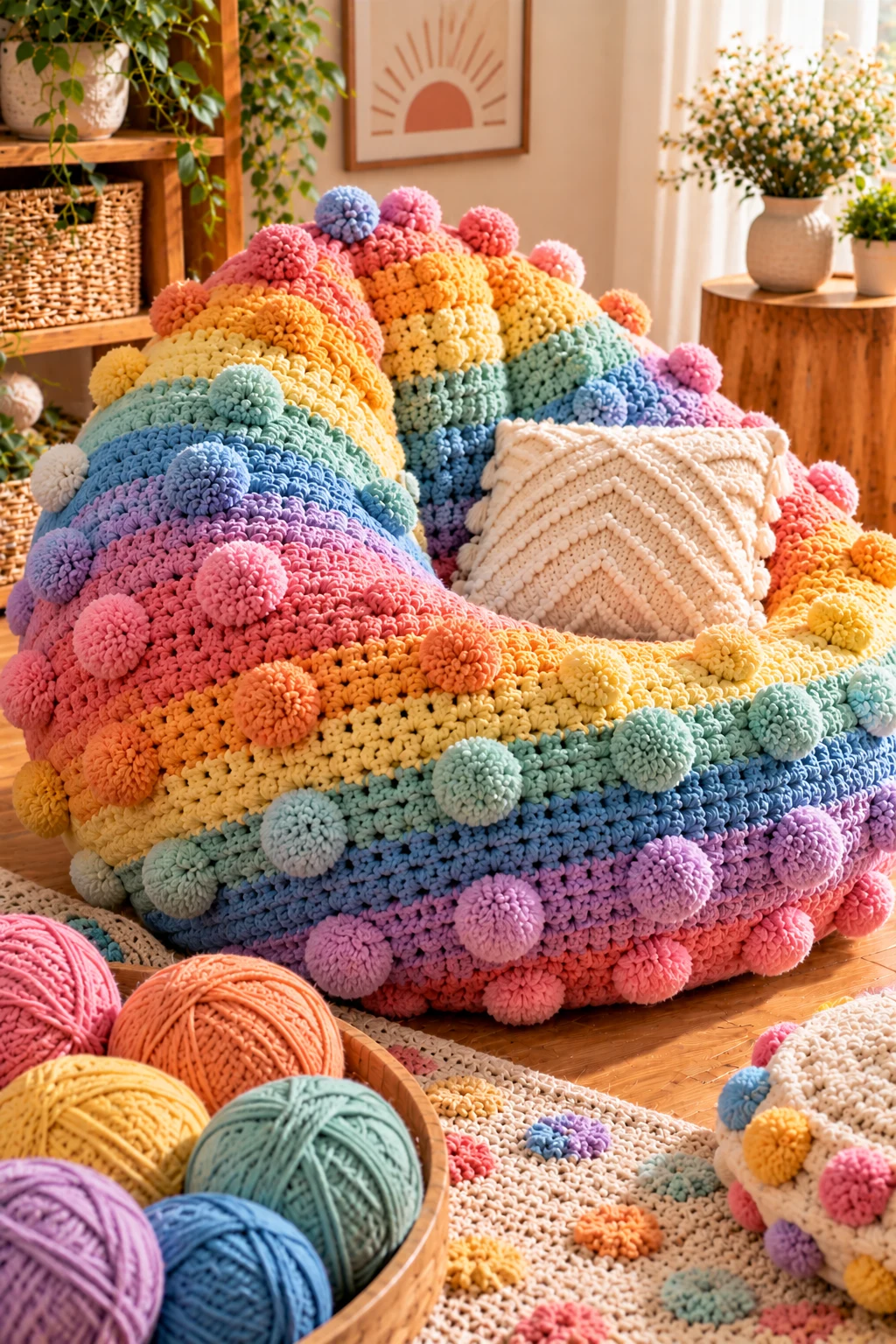 Pom-Pom Rainbow Bean Bag — crochet bean bag chair style outfit
