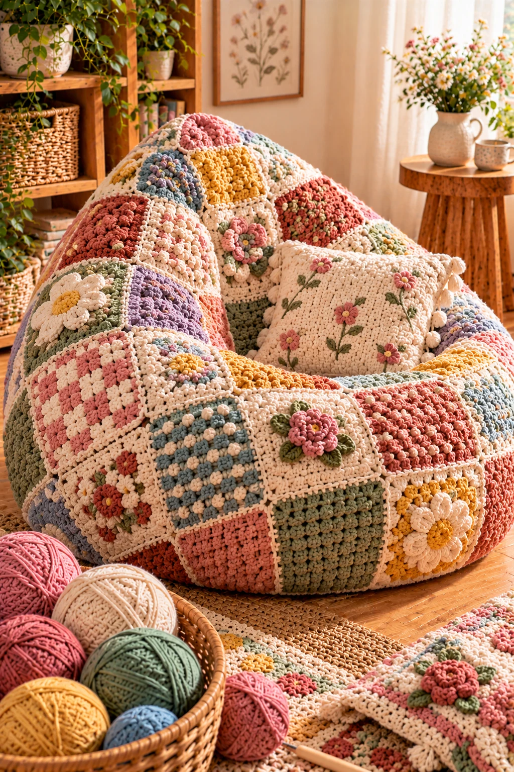 Patchwork Cottagecore Bean Bag — crochet bean bag chair style outfit