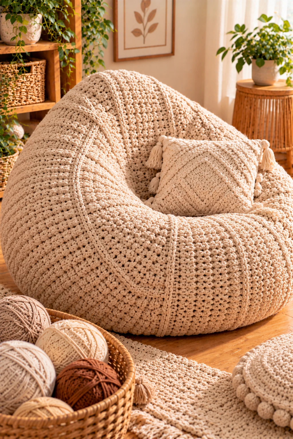 Minimalist Oatmeal Crochet Chair — crochet bean bag chair style outfit