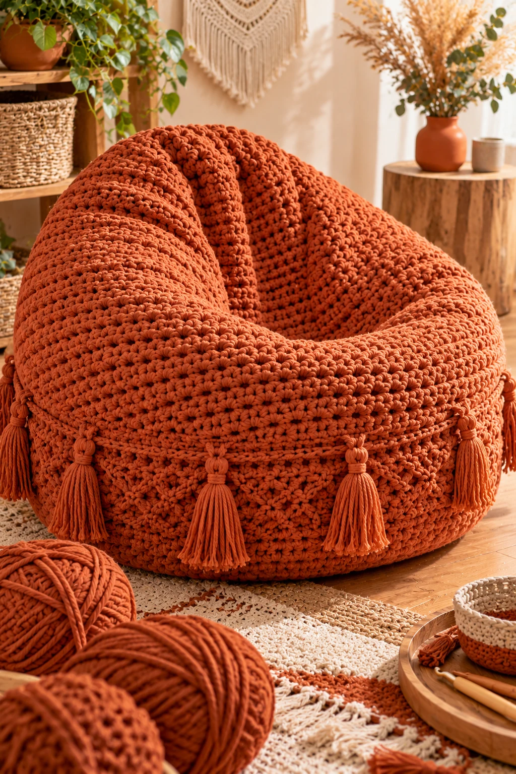 Terracotta Boho Floor Seat — crochet bean bag chair style outfit
