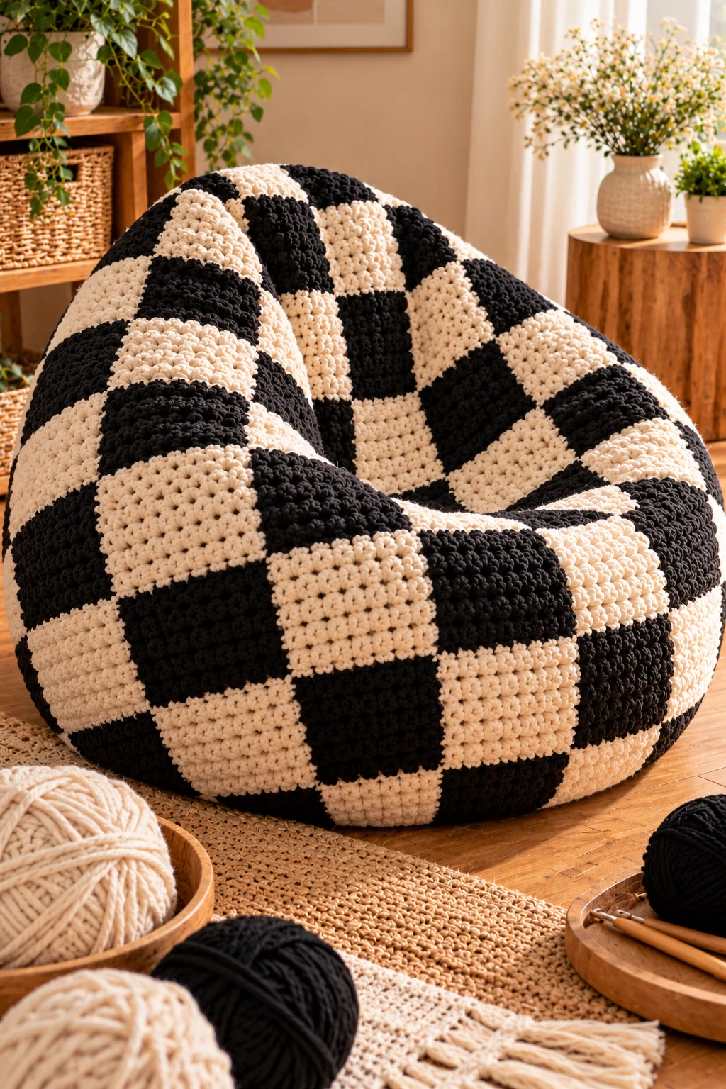 Black-and-Cream Checkerboard Chair — crochet bean bag chair style outfit