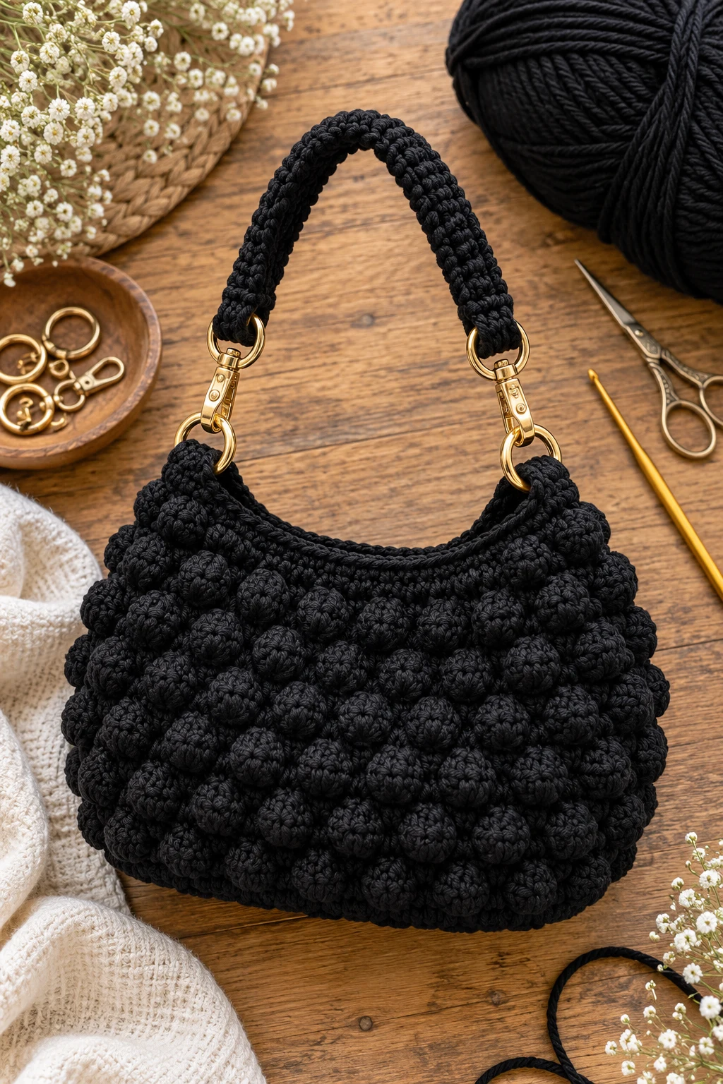 Black Crochet Bobble Bag With Gold Hardware — crochet bobble bag style outfit