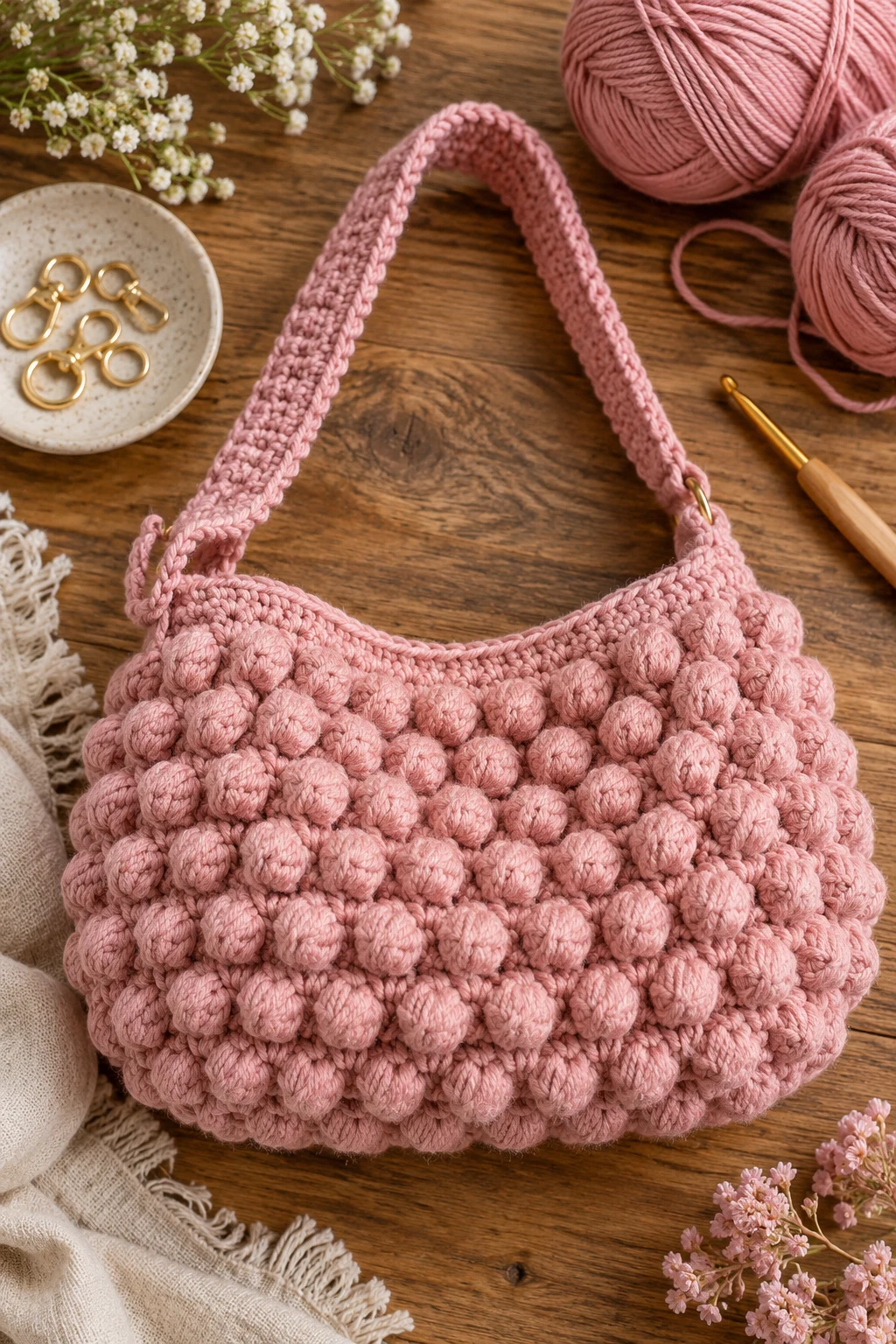 Dusty Pink Bubble Shoulder Bag — crochet bobble bag style outfit