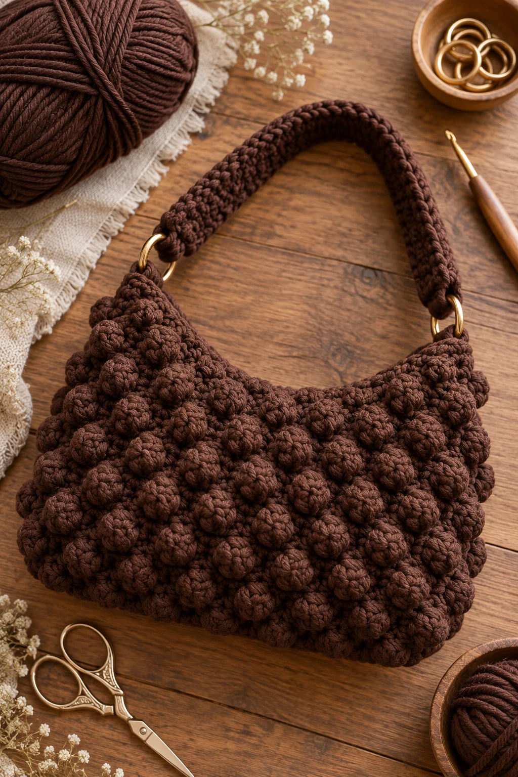 Chocolate Brown Popcorn Bag — crochet bobble bag style outfit