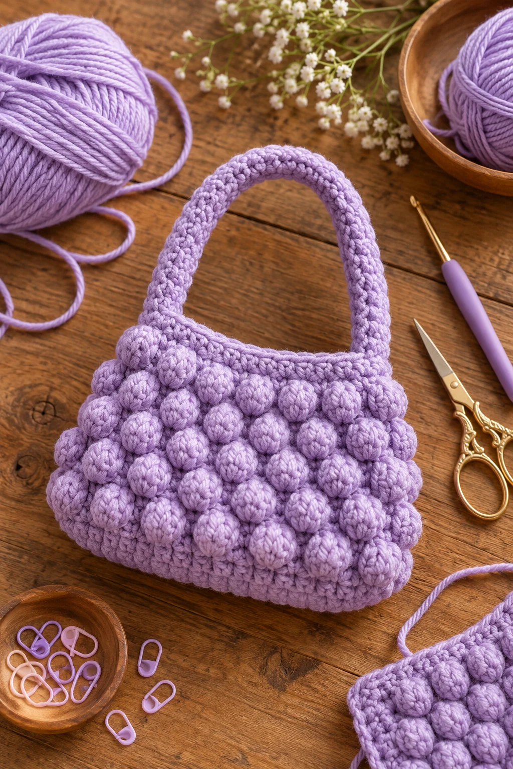 Lavender Mini Crochet Bobble Bag — crochet bobble bag style outfit
