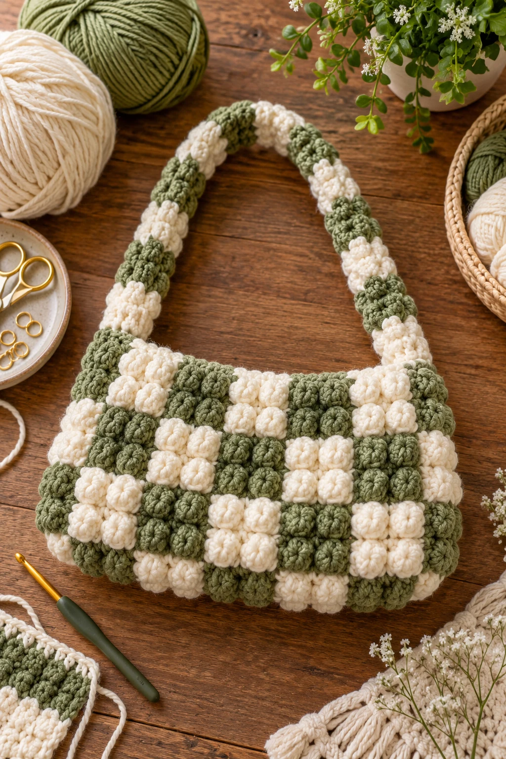 Two-Tone Checker Bobble Bag — crochet bobble bag style outfit
