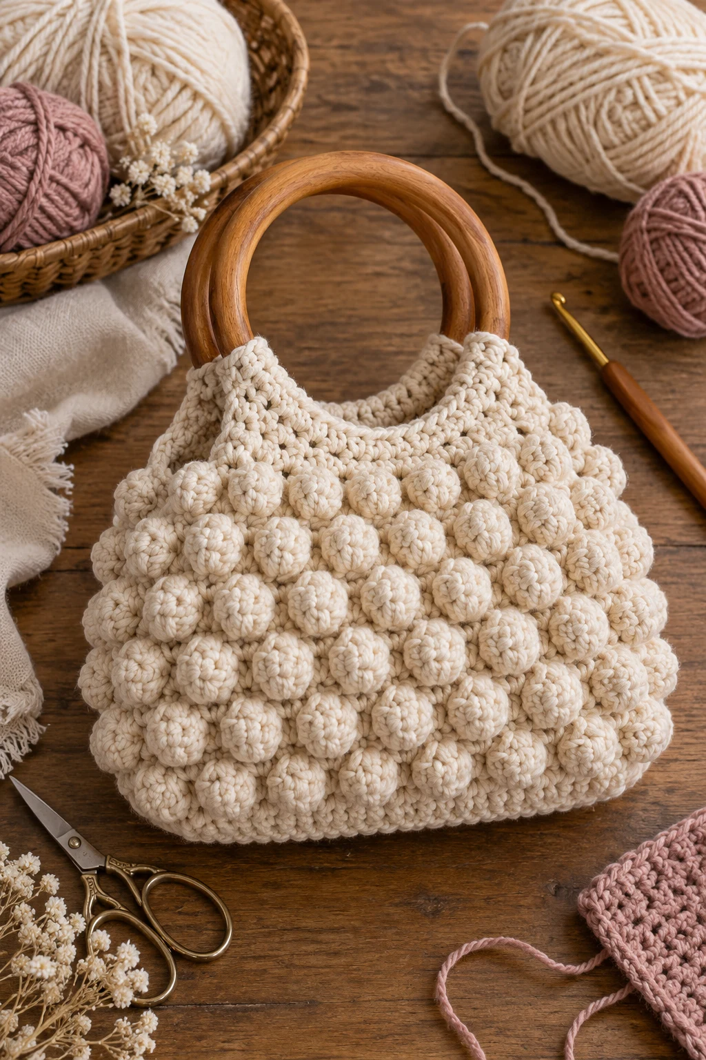 Crochet Bobble Bag With Wooden Handles — crochet bobble bag style outfit