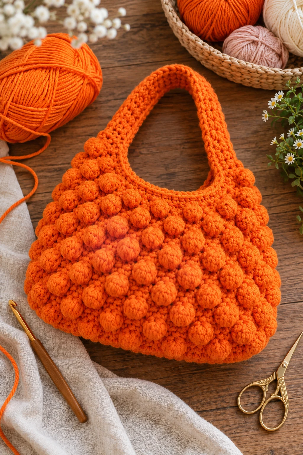 Bright Orange Statement Bag — crochet bobble bag style outfit