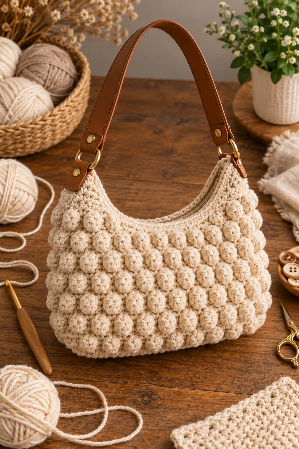 Neutral Crochet Bobble Bag With Leather-Style Strap — crochet bobble bag style outfit