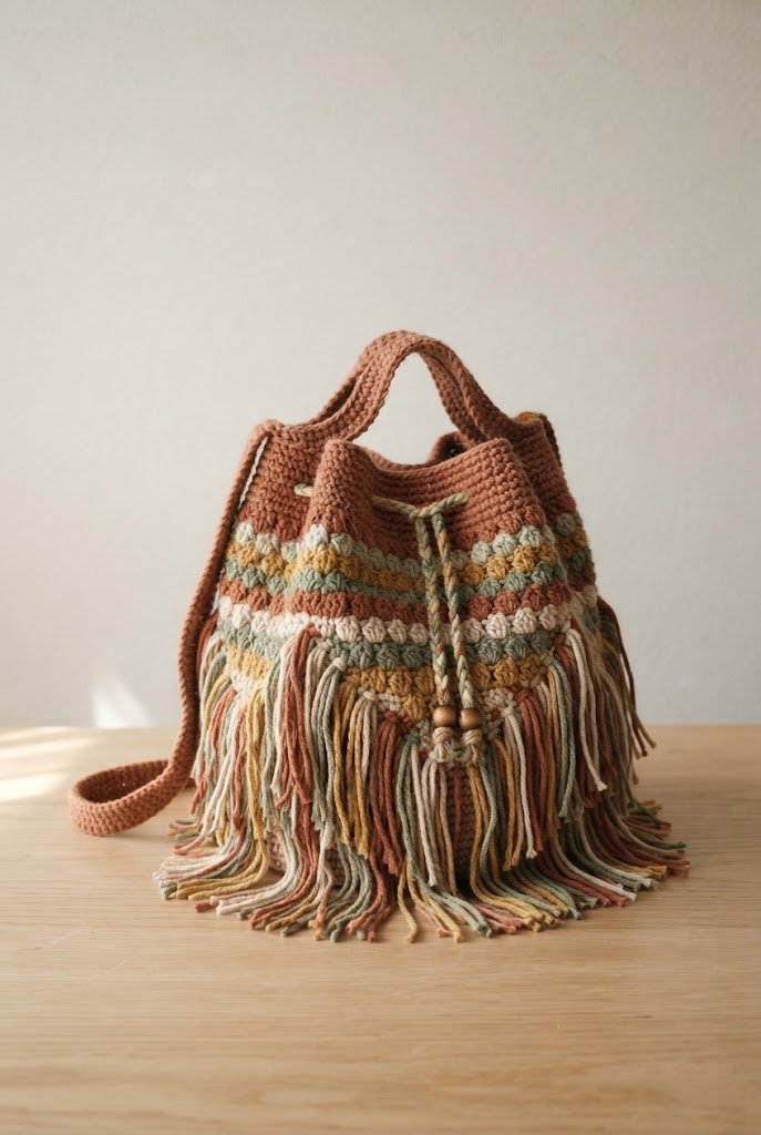 The Boho Fringe Bucket Satchel — crochet boho bag pattern style outfit