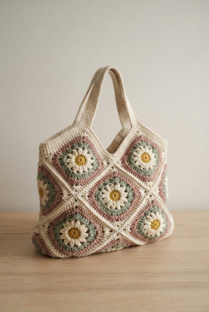Daisy Motif Granny Square Bag — crochet boho bag pattern style outfit