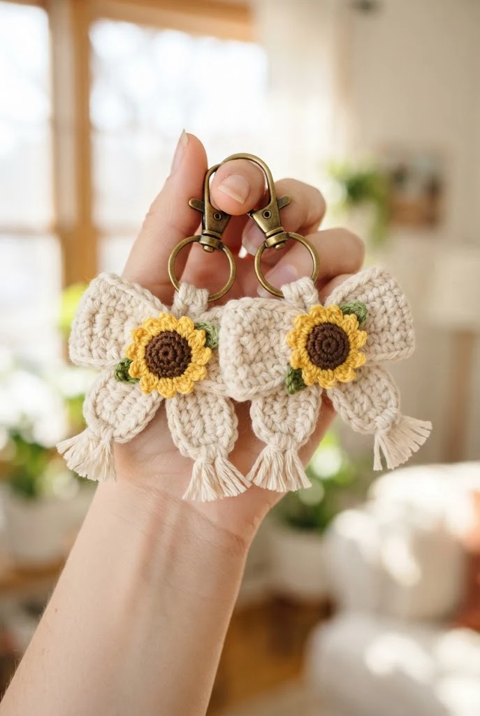 Sunflower-Embellished Boho Bow Keychains — crochet bow keychains style outfit