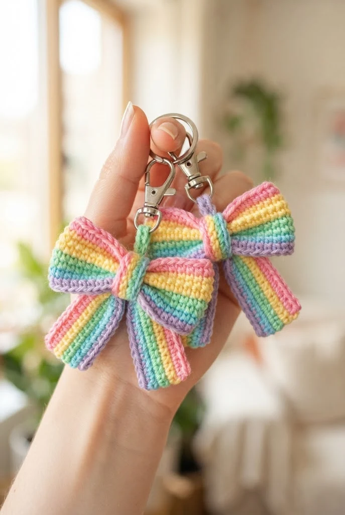 Pastel Rainbow Striped Bow Keychains — crochet bow keychains style outfit
