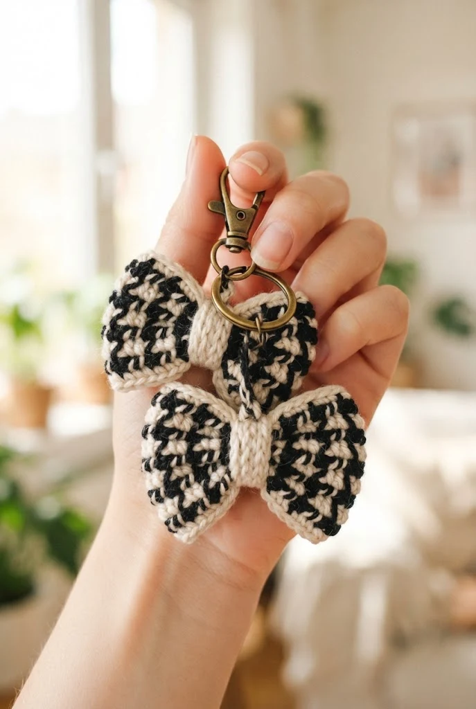 Chunky Houndstooth Pattern Bow Keychains — crochet bow keychains style outfit