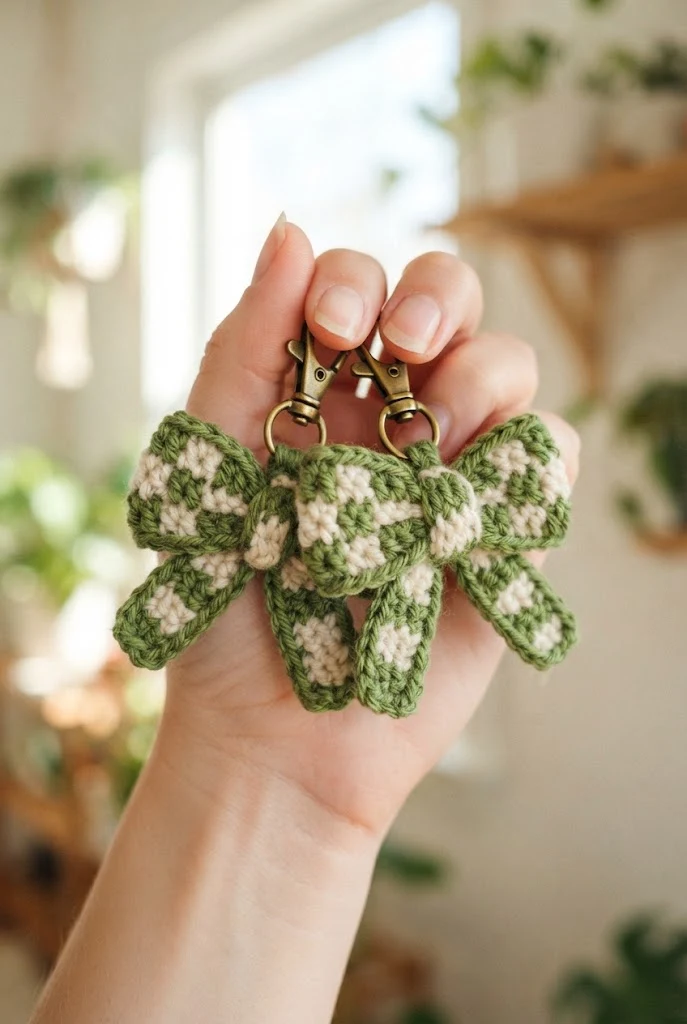 Checkered Cottagecore Bow Keychains — crochet bow keychains style outfit