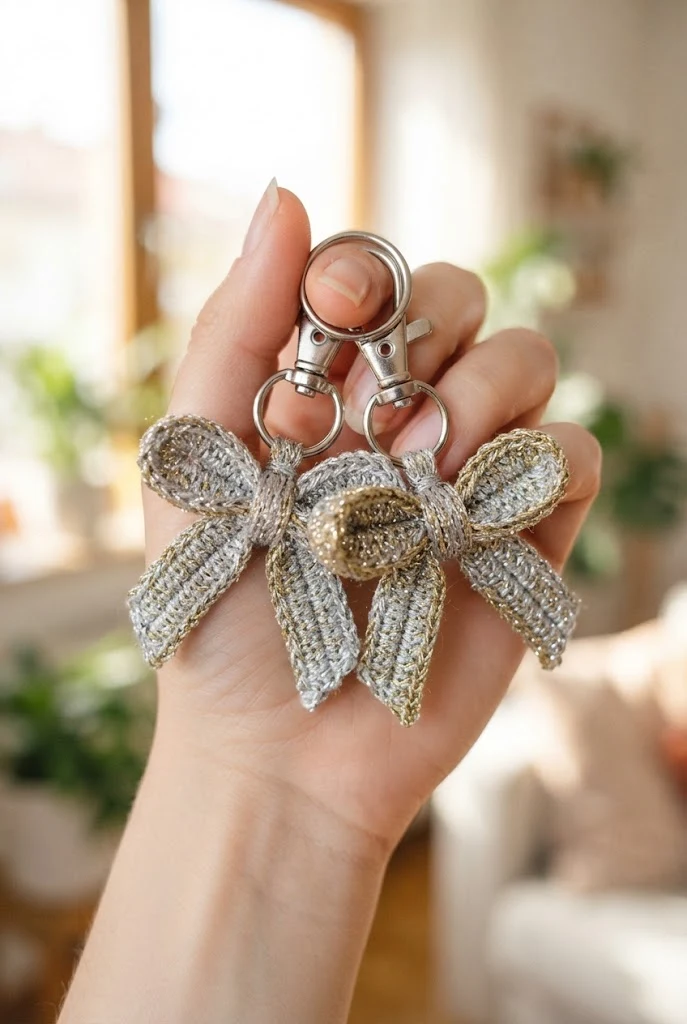 Sparkly Lurex Ribbon Bow Keychains — crochet bow keychains style outfit