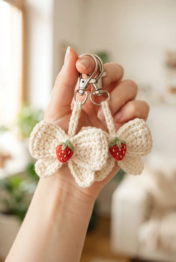 Sweet Strawberry-Appliqued Bow Keychains — crochet bow keychains style outfit