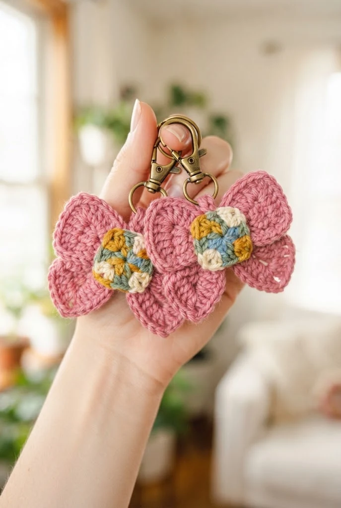 Mini Granny Square Center Bow Keychains — crochet bow keychains style outfit