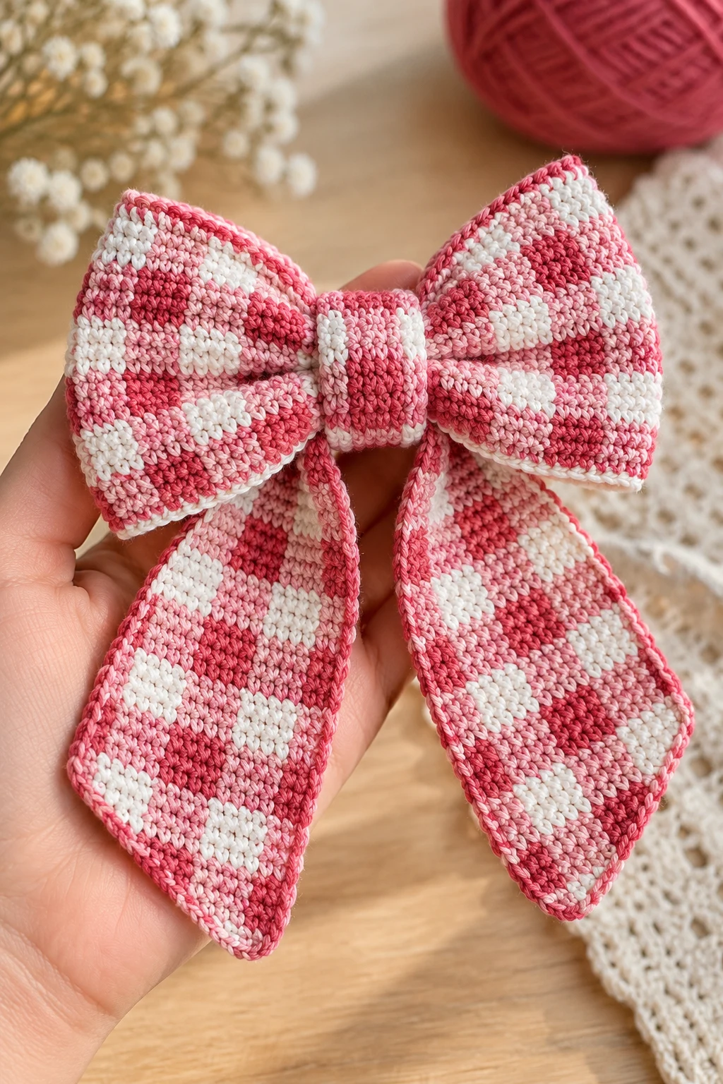 Gingham Check Crochet Bow — crochet bow pattern style outfit