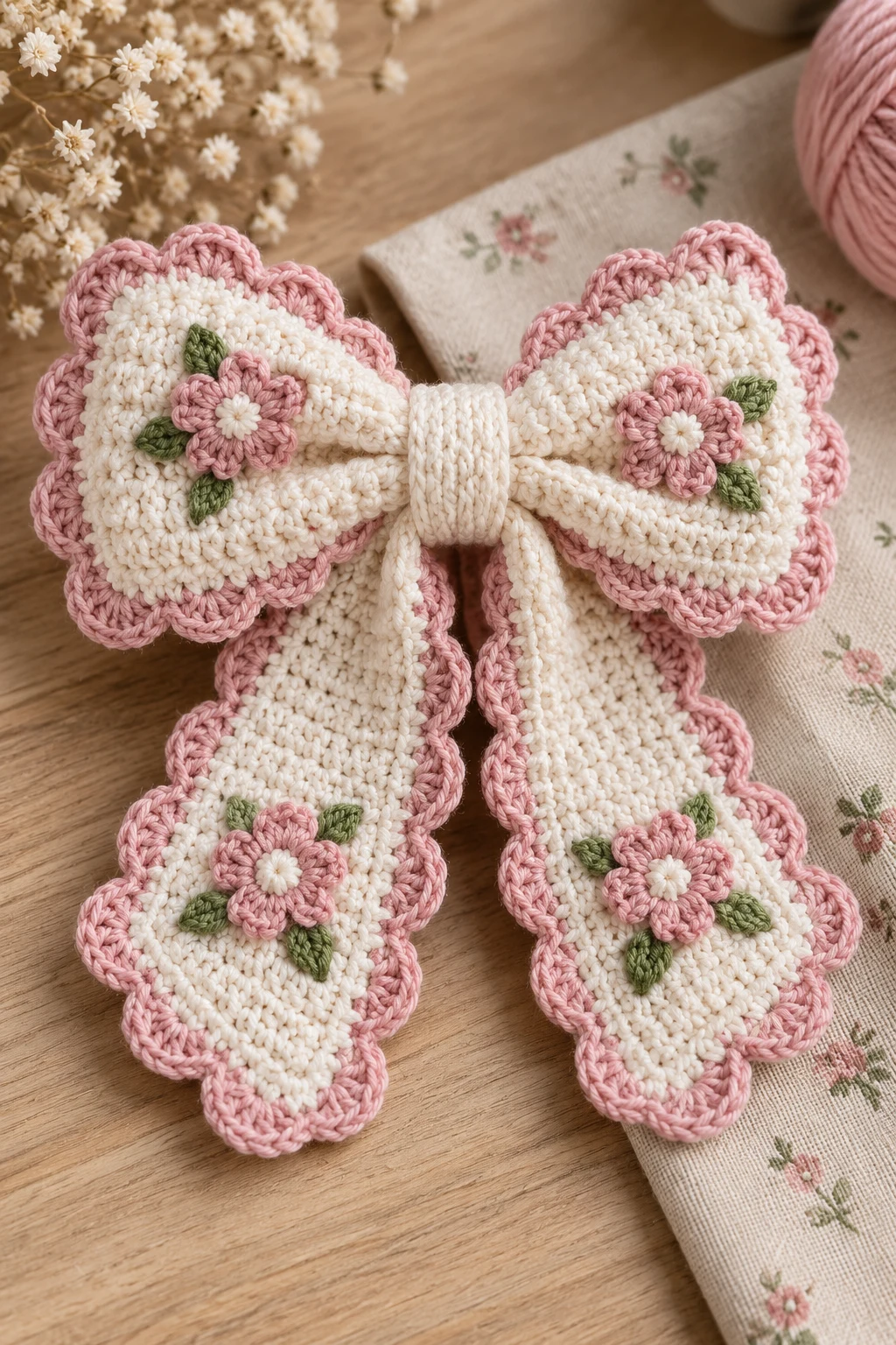 Cottagecore Crochet Bow With Scalloped Edges — crochet bow pattern style outfit