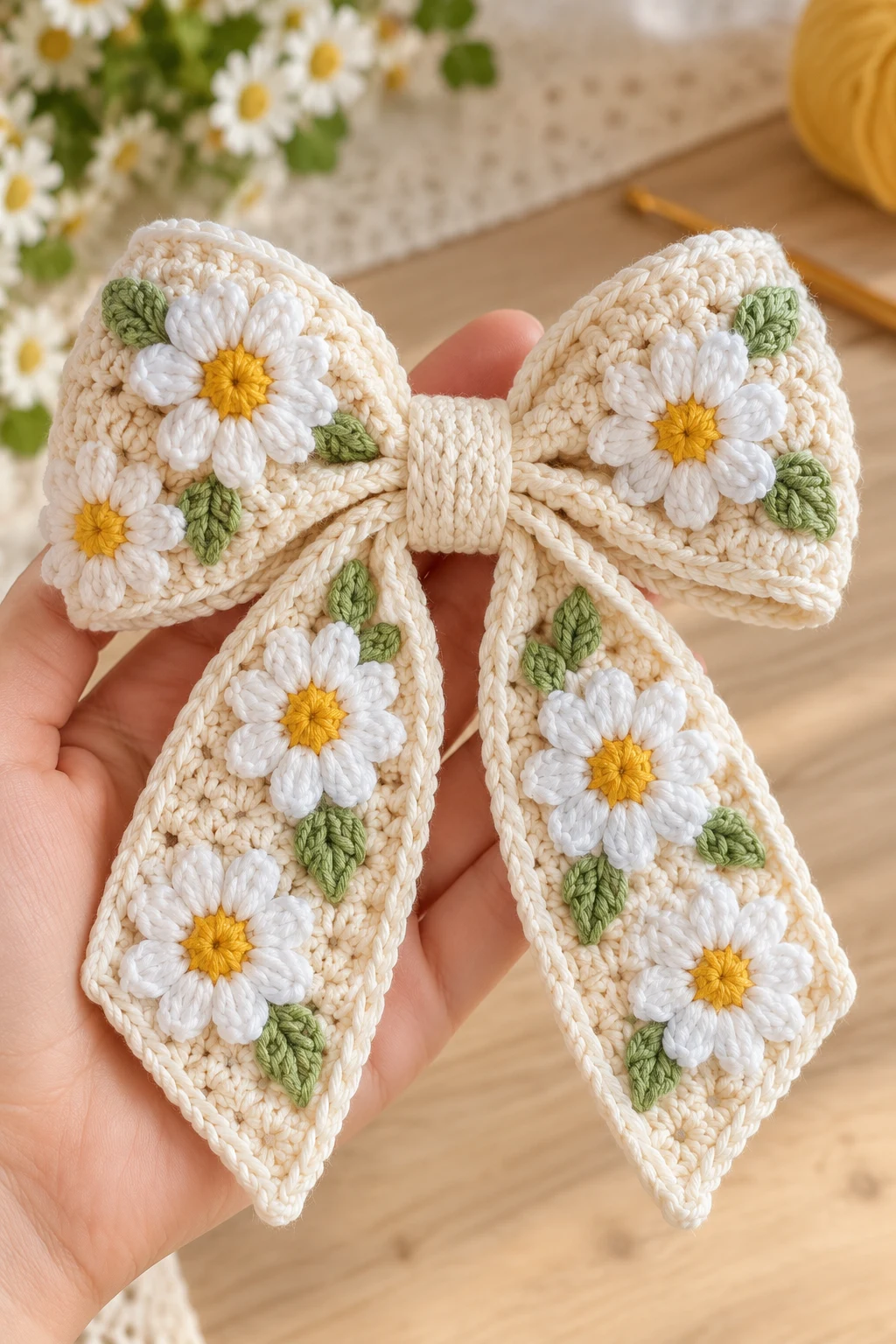 Daisy Flower Crochet Bow — crochet bow pattern style outfit