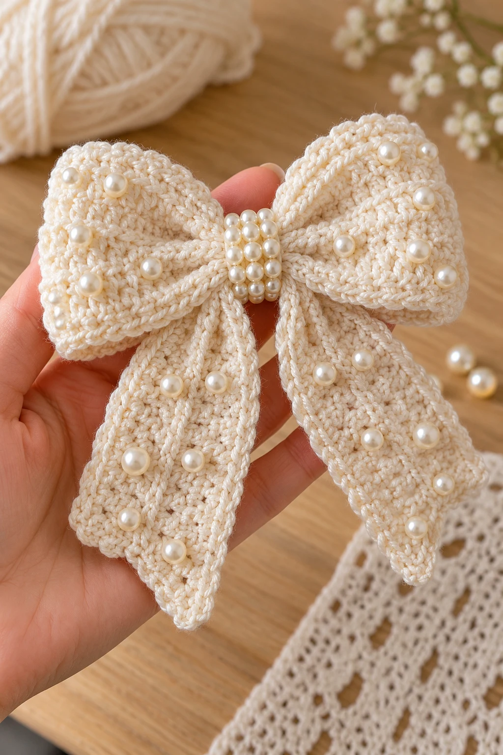 Elegant Pearl Crochet Bow — crochet bow pattern style outfit