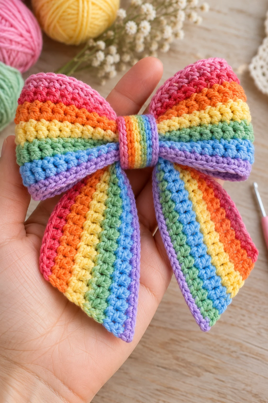 Rainbow Striped Crochet Bow — crochet bow pattern style outfit