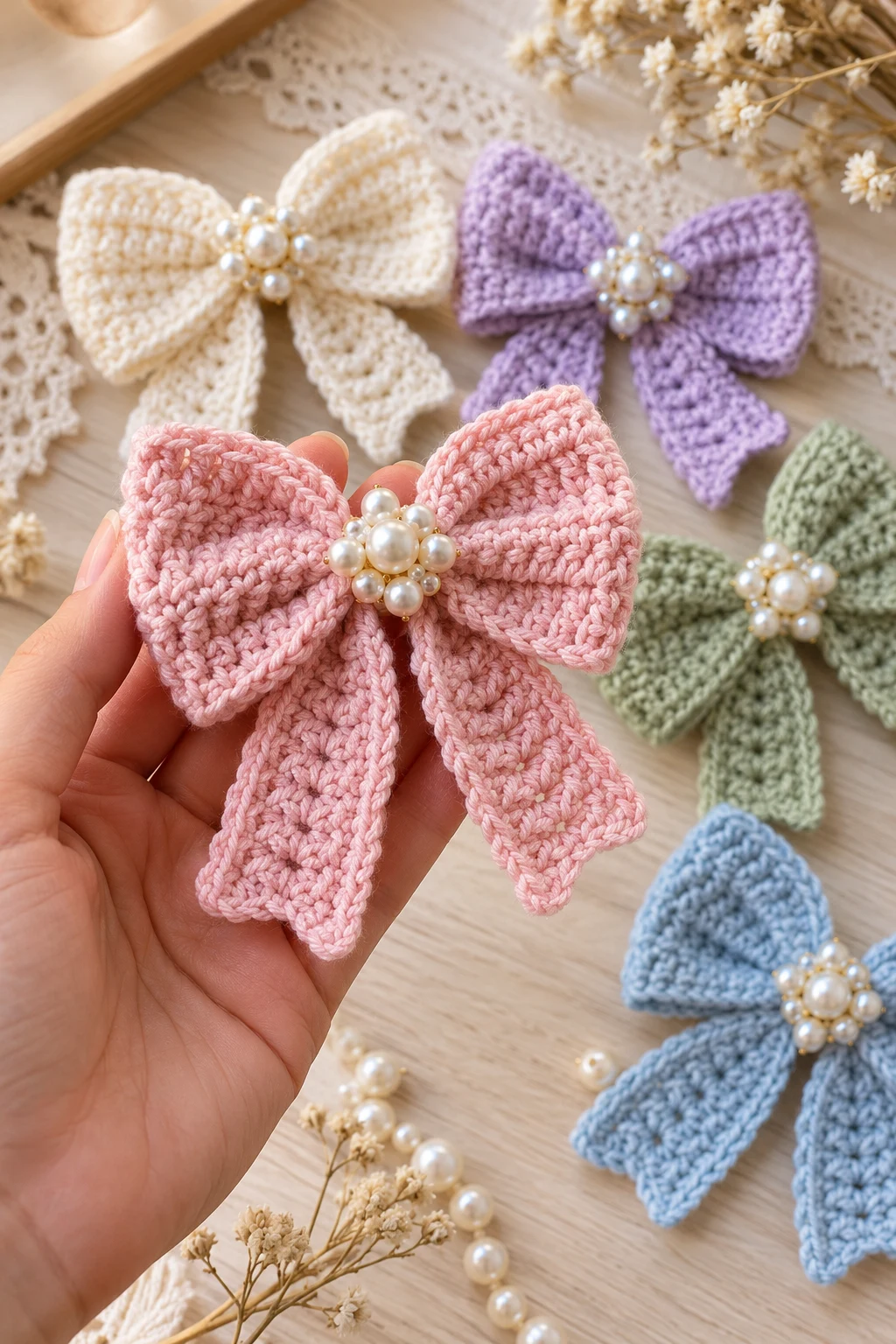 Crochet Bows with Pearl Centers — crochet bows style outfit