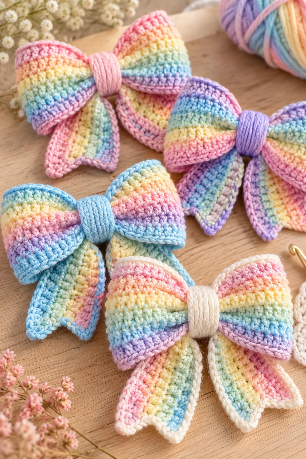 Pastel Rainbow Crochet Bows — crochet bows style outfit