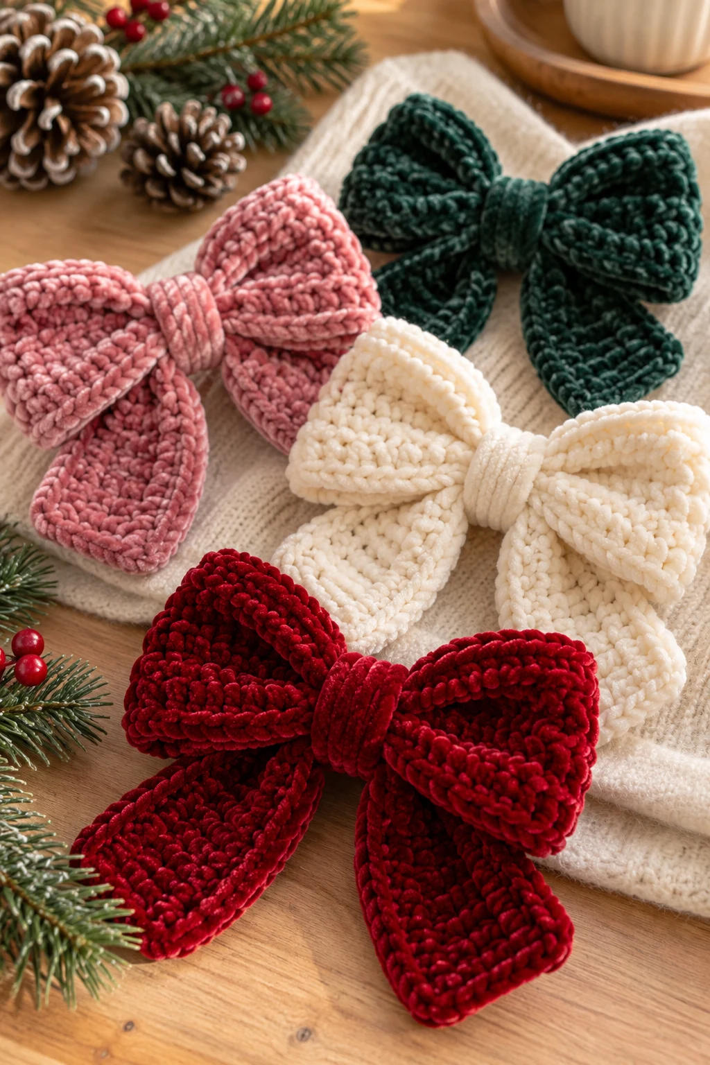 Velvet Crochet Bows for Winter — crochet bows style outfit