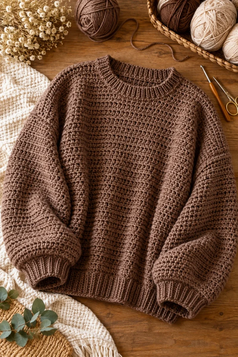 Oversized Mocha Crochet Brown Sweater — crochet brown sweater style outfit