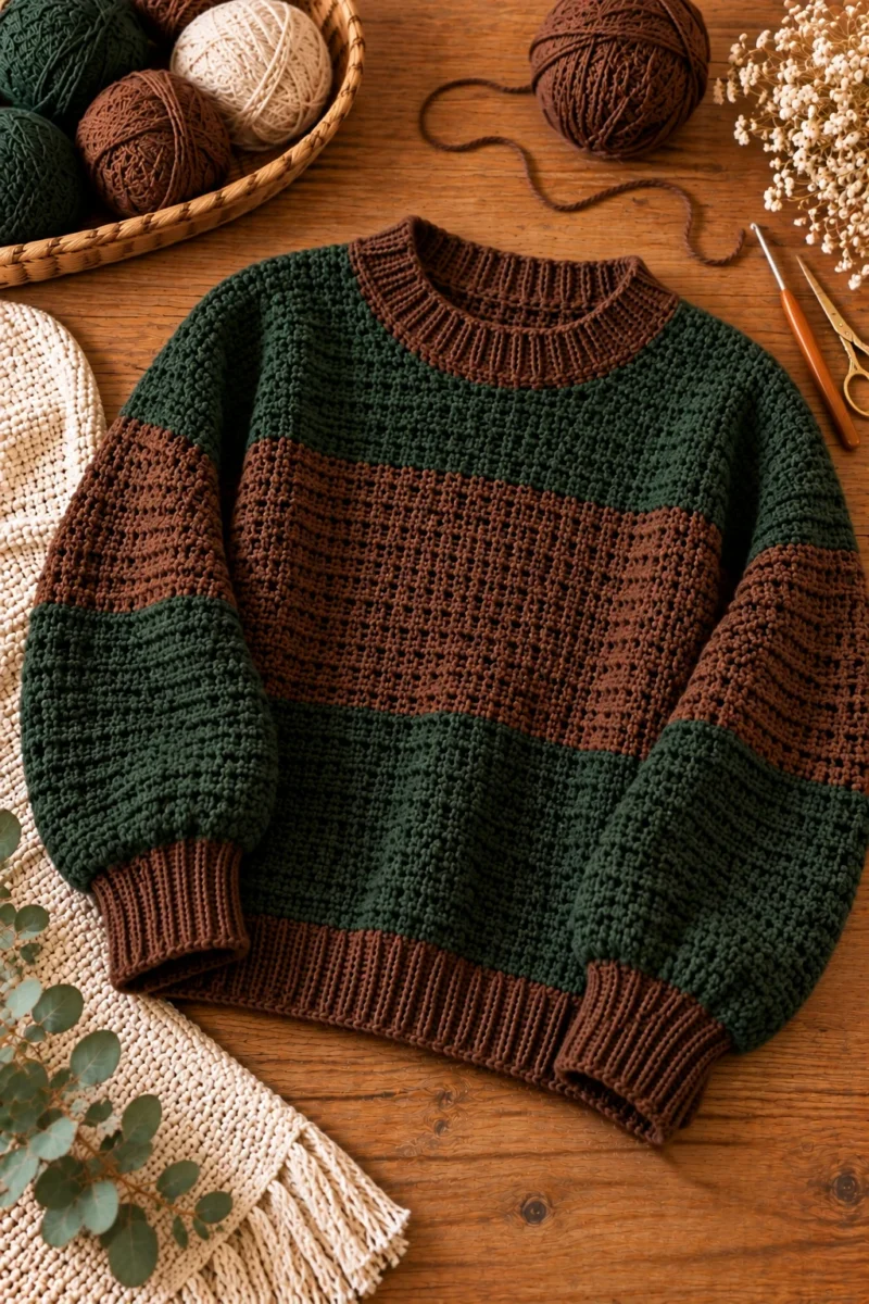 Dark Green and Brown Color-Block Sweater — crochet brown sweater style outfit