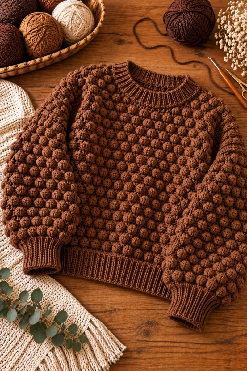 Textured Bobble Stitch Crochet Brown Sweater — crochet brown sweater style outfit