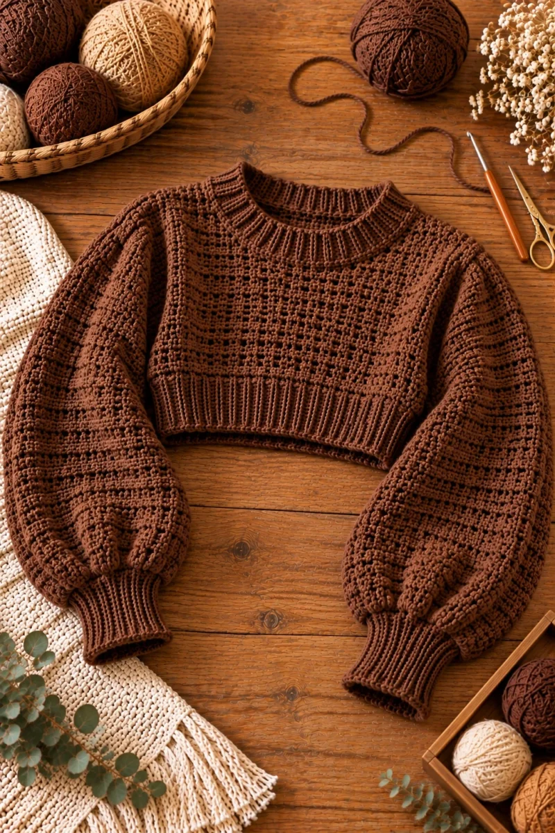 Cropped Crochet Brown Jumper — crochet brown sweater style outfit