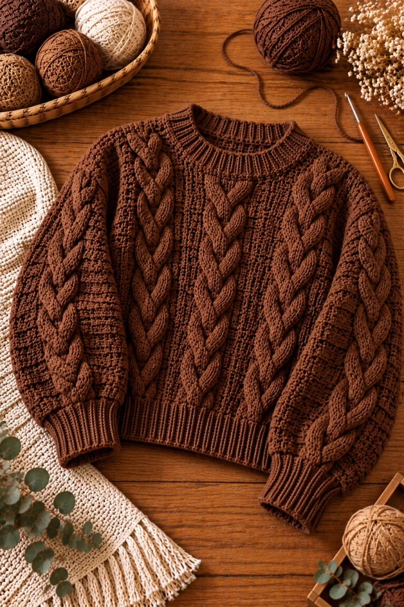 Cable-Effect Brown Crochet Sweater — crochet brown sweater style outfit