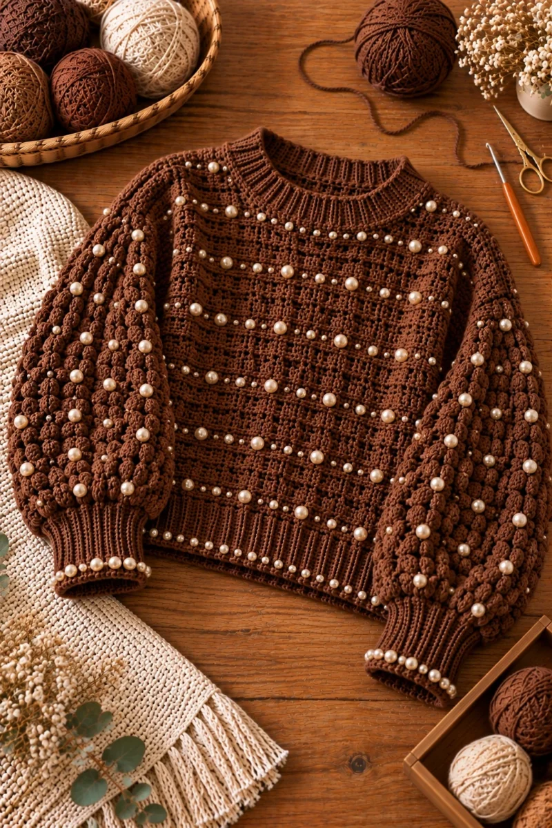 Pearl-Trimmed Brown Crochet Sweater — crochet brown sweater style outfit