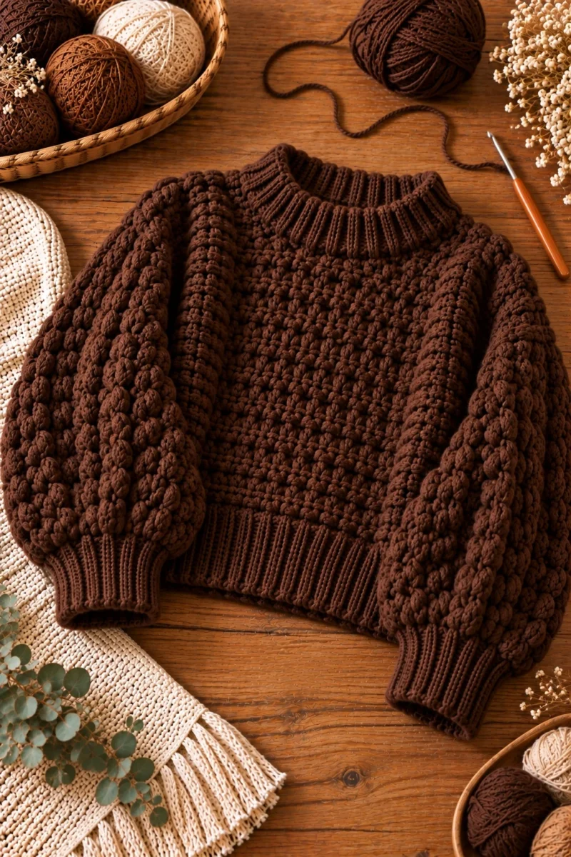 Chunky Dark Chocolate Crochet Brown Sweater — crochet brown sweater style outfit