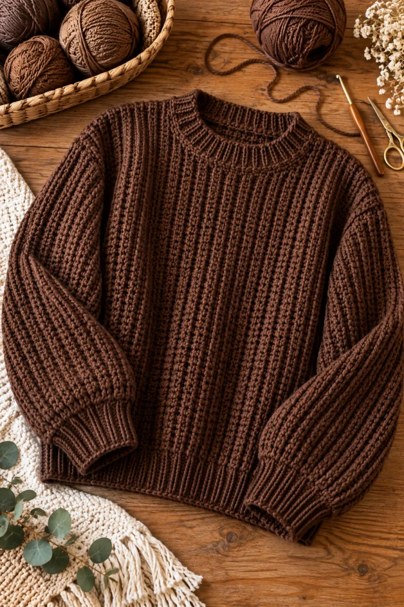 Chocolate Ribbed Crochet Brown Sweater — crochet brown sweater style outfit