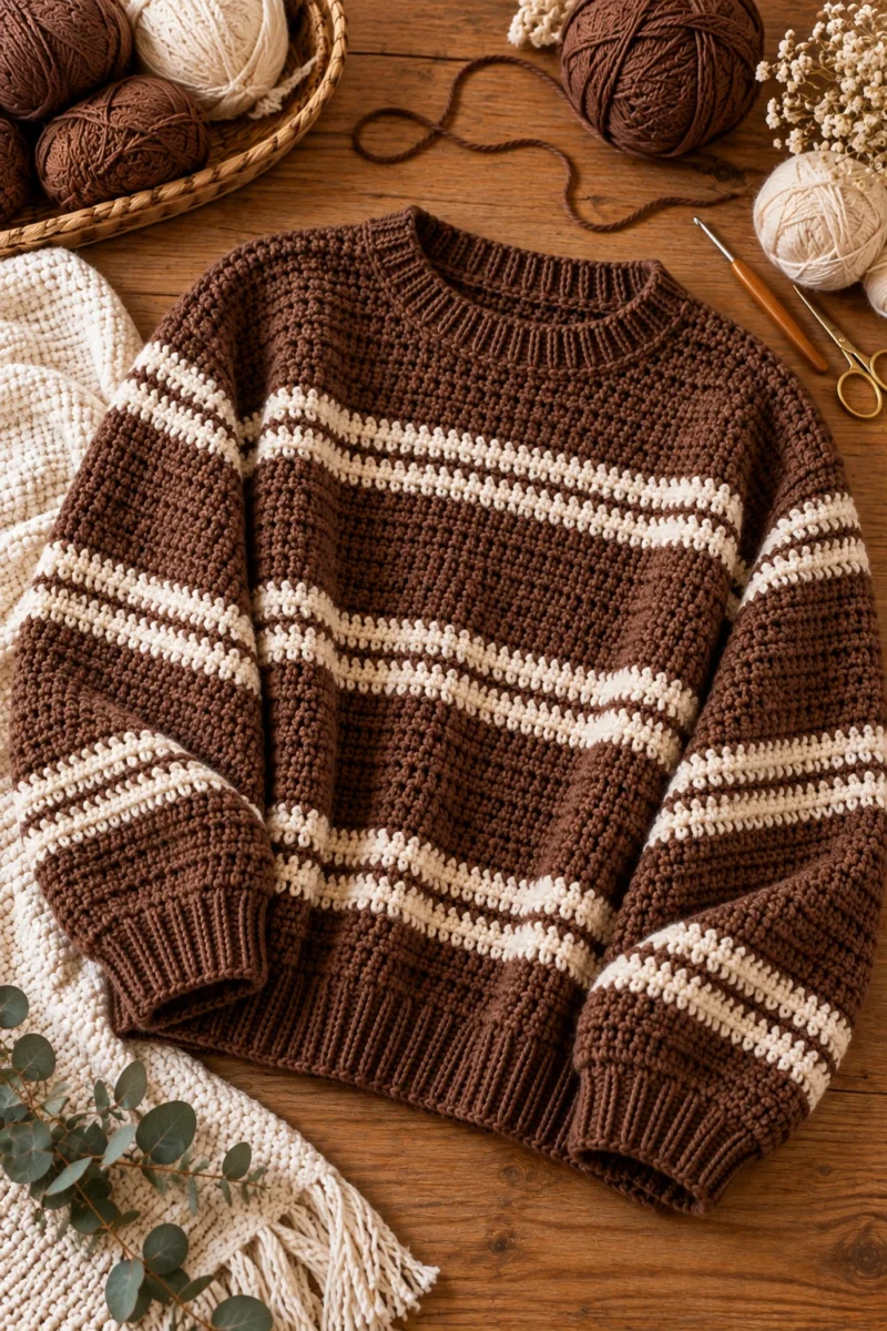Brown Crochet Sweater With Cream Stripes — crochet brown sweater style outfit