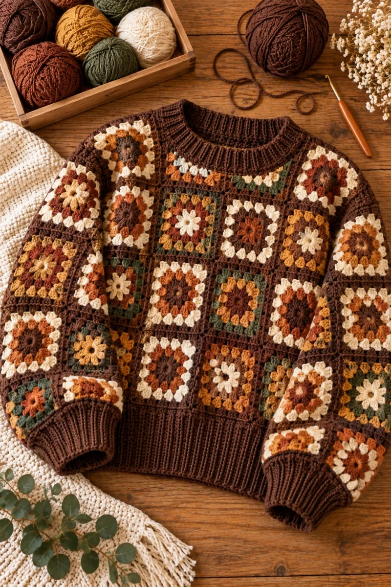 Granny Square Crochet Brown Sweater — crochet brown sweater style outfit