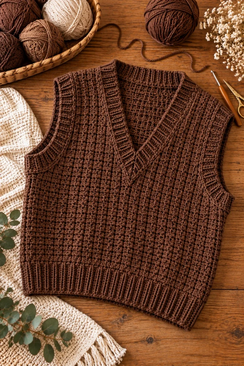 Minimalist Brown Crochet Sweater Vest — crochet brown sweater style outfit